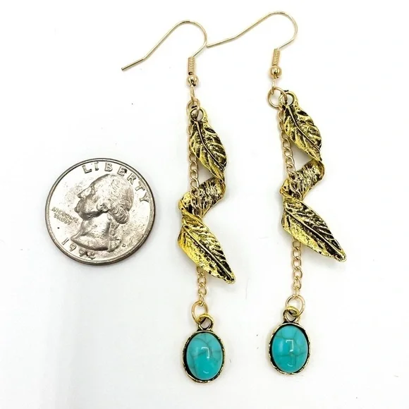 Boho Chic Festival Gold tone & Faux Turquoise dangle earrings - Picture 5 of 6